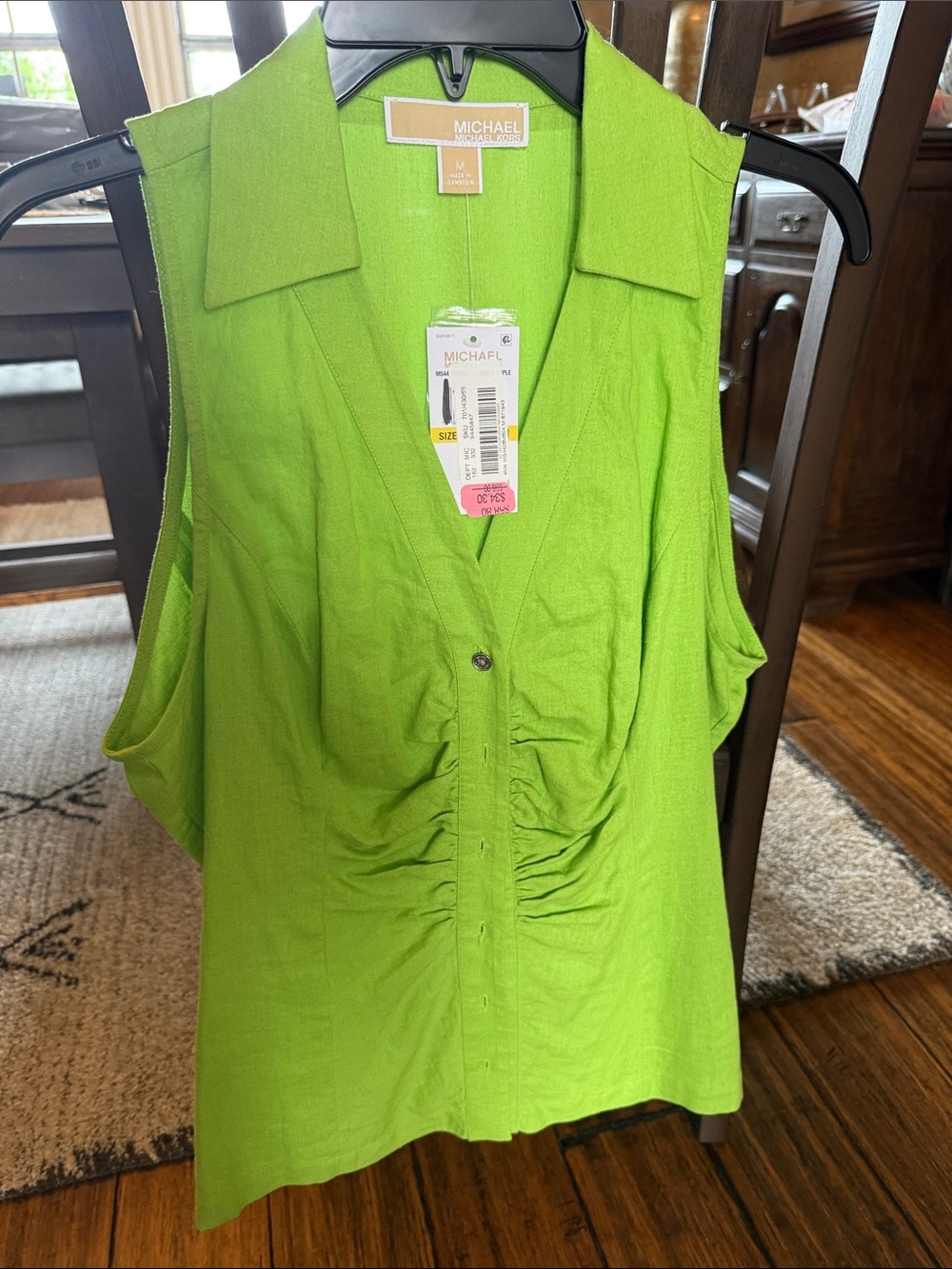 Michael Kors Lime Green Sleeveless Collared Button-Front Blouse